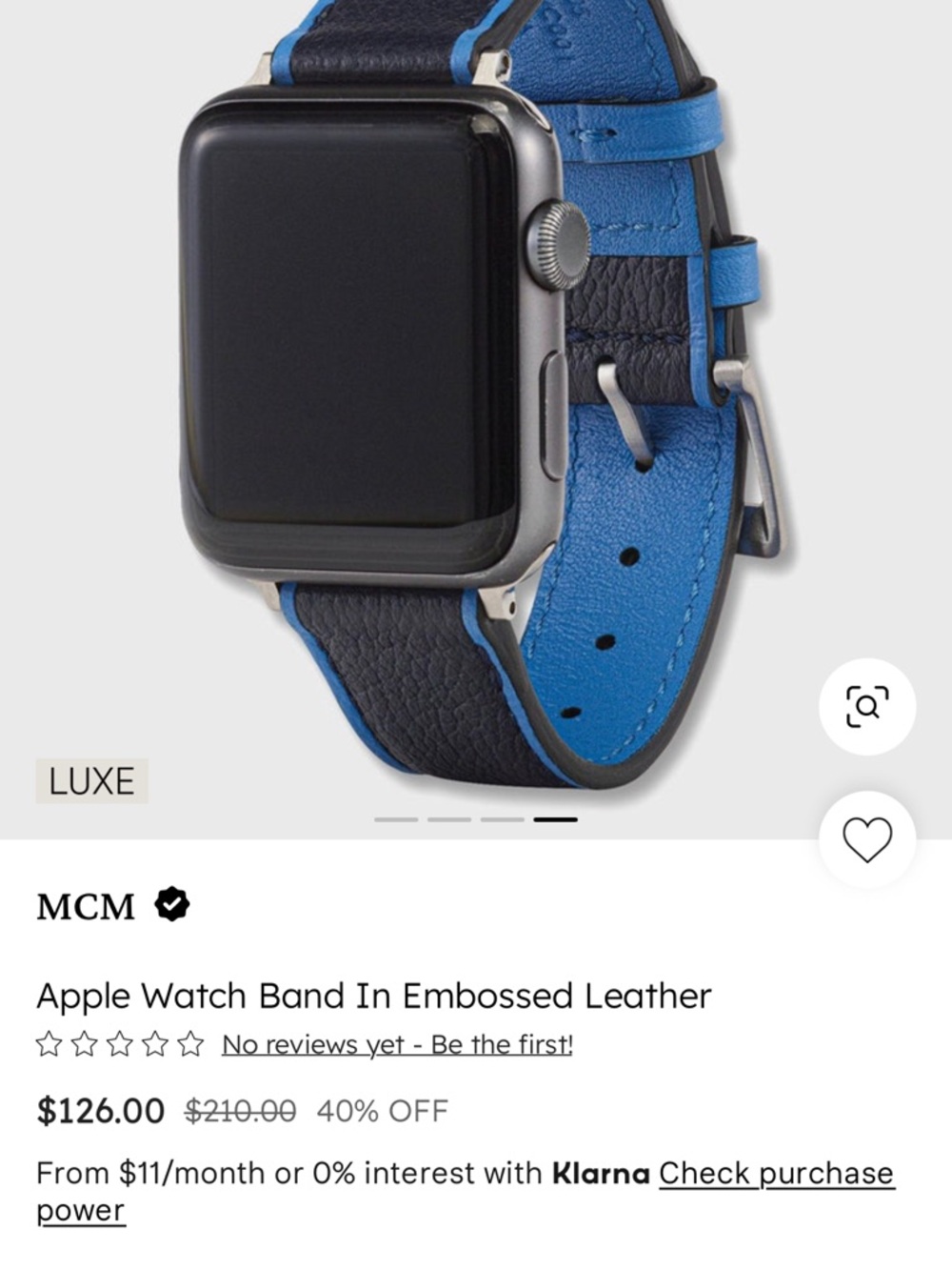 MCM Blue Leather Apple Watch Strap with Silver Hardware 42-49mm
